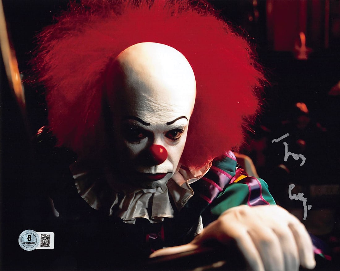 Beckett Authenticated Tim Curry Pennywise 8x10 Signed Photo: Beckett Authenticated Tim Curry Pennywise 8x10 Signed Photo This is an 8x10-inch horizontal photograph featuring Pennywise from "It," personally autographed by Tim Curry. The signature has been authen