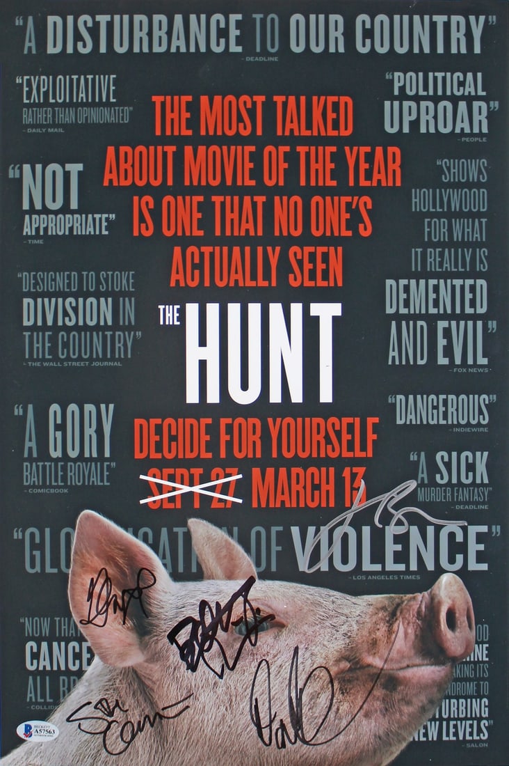 Beckett COA 12x18 The Hunt signed photo Betty Gilpin Glen Howerton: Beckett COA 12x18 The Hunt signed photo Betty Gilpin Glen Howerton This 12x18 photograph from the film "The Hunt" has been personally signed by Betty Gilpin, Damon Lindelof, Jason Blum, Sylvia Grace C
