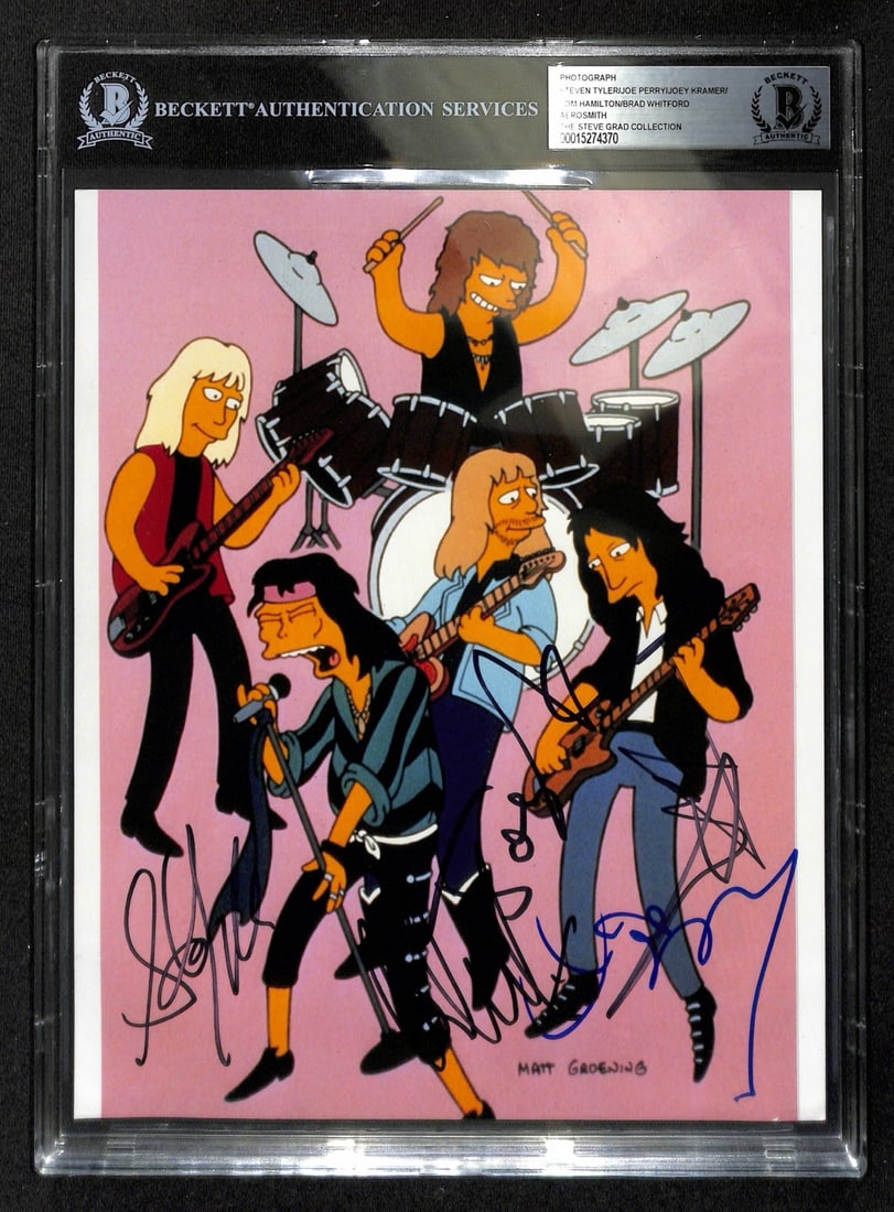 Aerosmith Simpsons Signed 8x10 Photo Beckett Authenticated All Members: Aerosmith Simpsons Signed 8x10 Photo Beckett Authenticated All Members This remarkable collectible features a fully signed 8x10 color photograph of Aerosmith, showcasing all five legendary members in 