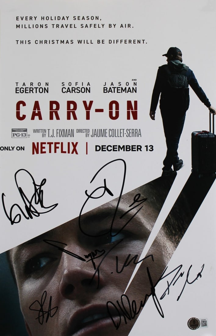 Carry On Signed 11x17 Photo with 8 Autographs Beckett COA: Carry On Signed 11x17 Photo with 8 Autographs Beckett COA This stunning 11x17 photograph features the autographs of Taron Egerton, Jason Bateman, Dean Norris, Danielle Deadwyler, Theo Rossi, Sinqua Wa