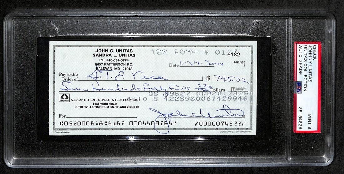 Johnny Unitas Autographed 2000 Bank Check Colts PSA/DNA MINT 9: Johnny Unitas Autographed 2000 Bank Check Colts PSA/DNA MINT 9 This is an original Johnny Unitas Hall of Fame signed 2000 bank check from the Baltimore Colts. The check is authenticated by PSA/DNA