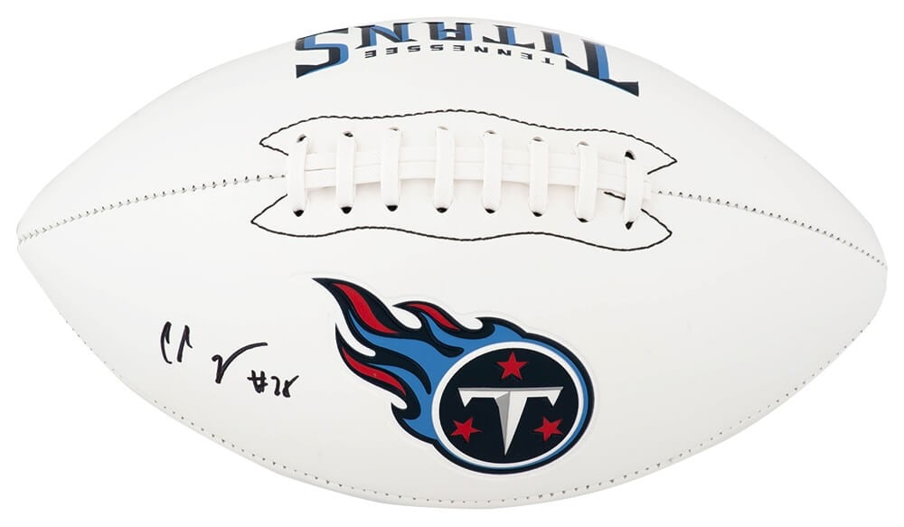 Chris Johnson Signed Tennessee Titans Logo Football with COA: Chris Johnson Signed Tennessee Titans Logo Football with COA This is a pre-owned Franklin white football featuring the Tennessee Titans logo, personally signed by NFL player Chris Johnson. The ball