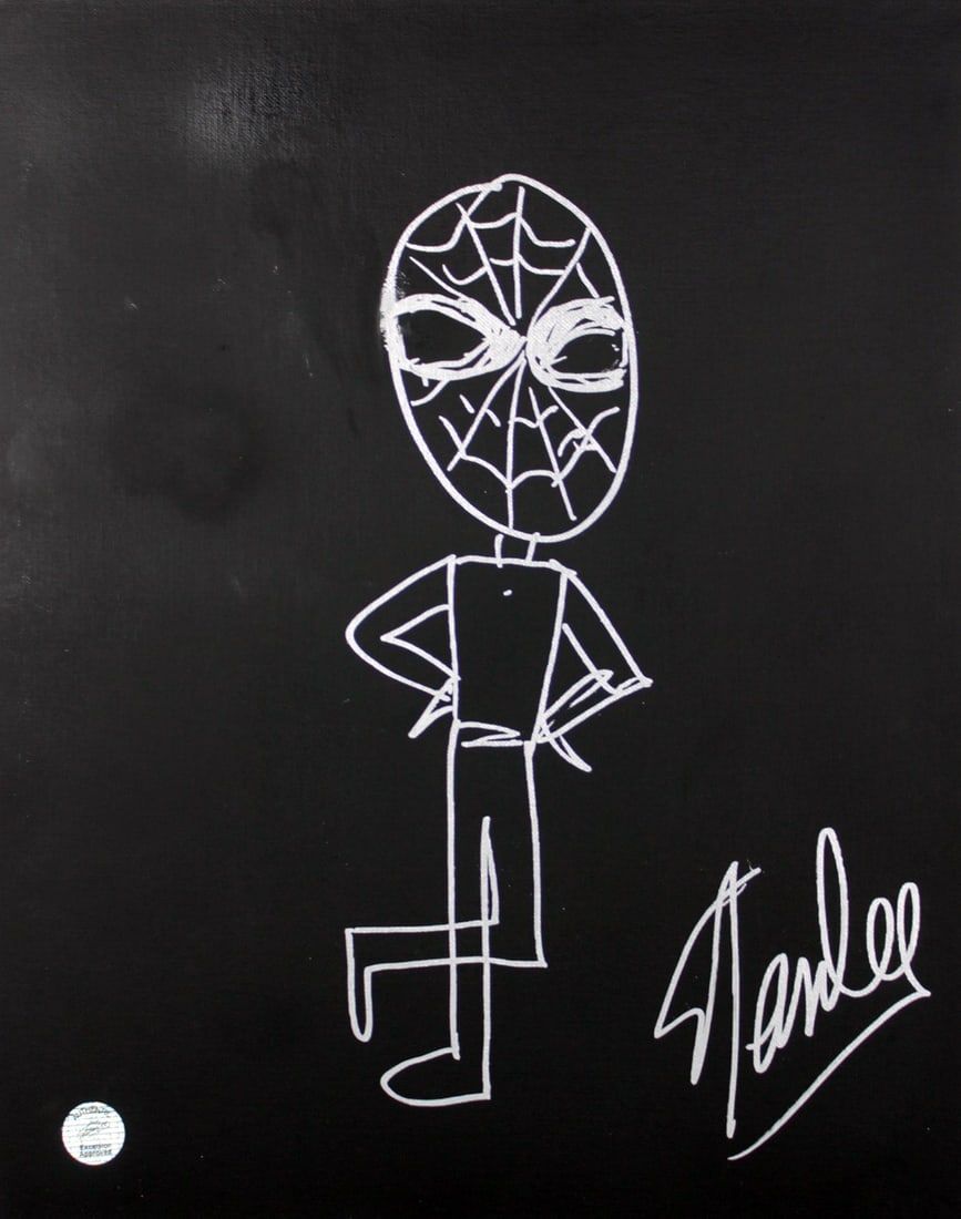 Stan Lee Signed 16x20 Spider-Man Canvas with PSA/DNA COA: Stan Lee Signed 16x20 Spider-Man Canvas with PSA/DNA COA This exceptional piece showcases a 16x20 canvas featuring a detailed Spider-Man sketch, authentically signed by the legendary Stan Lee. The sig