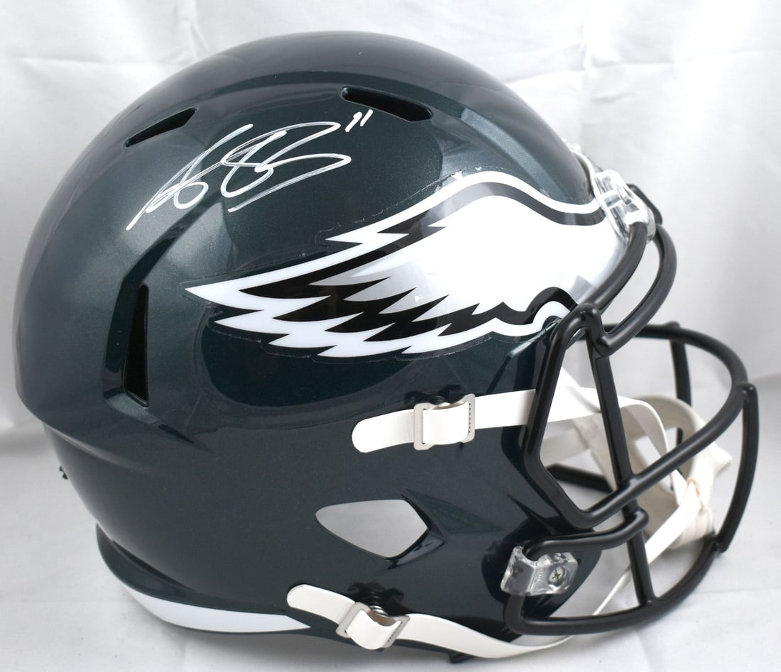 Philadelphia Eagles Full Size Speed Helmet Signed by A.J. Brown Beckett Hologram: Philadelphia Eagles Full Size Speed Helmet Signed by A.J. Brown Beckett Hologram Autographed Philadelphia Eagles full-size Speed helmet signed by A.J. Brown. The item is listed as an original football