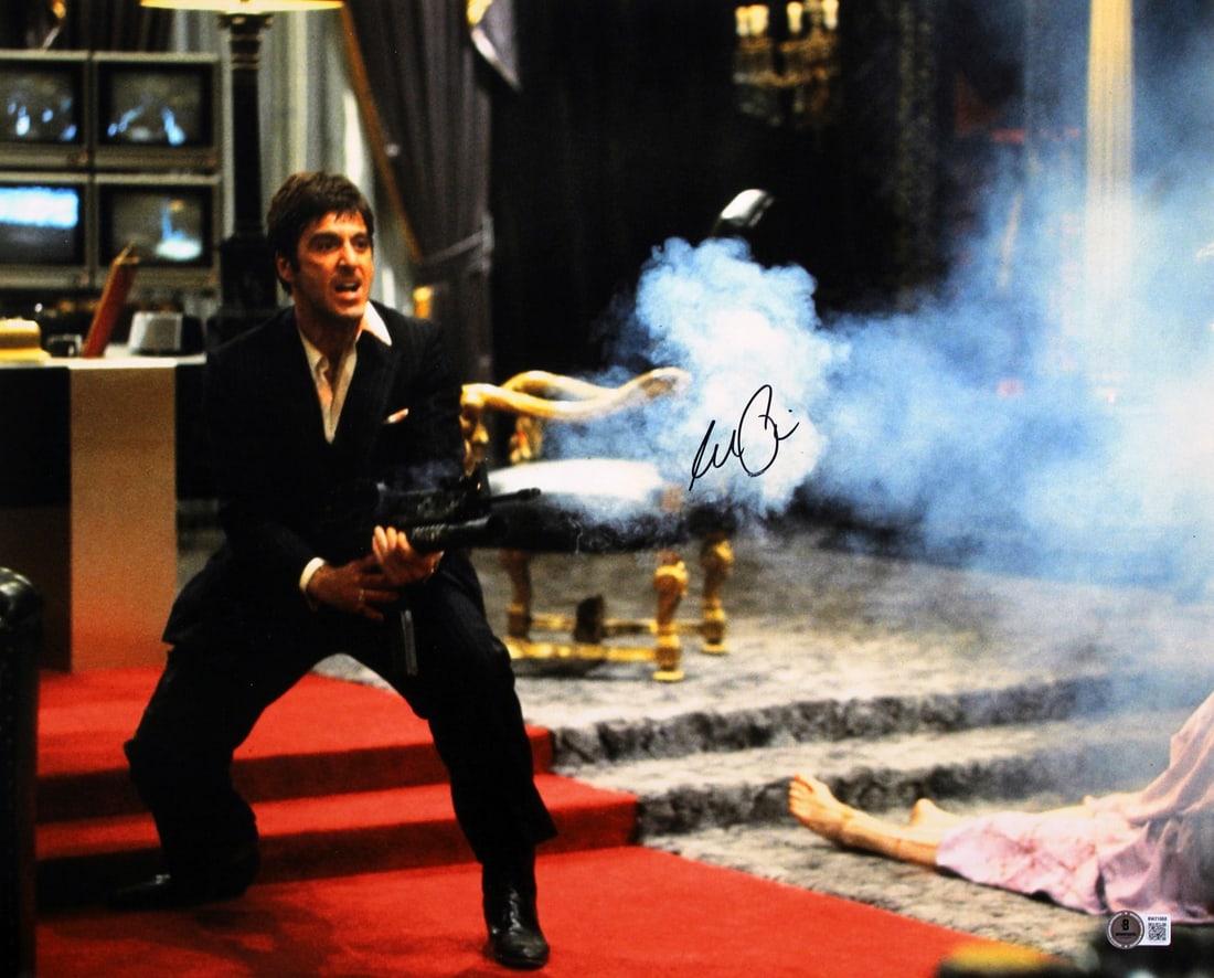 Al Pacino Signed Scarface 16x20 Shooting Photo Beckett Authenticated: Al Pacino Signed Scarface 16x20 Shooting Photo Beckett Authenticated This 16x20 inch horizontal photograph from Scarface is personally signed by Al Pacino. The autograph has been authenticated by Beck