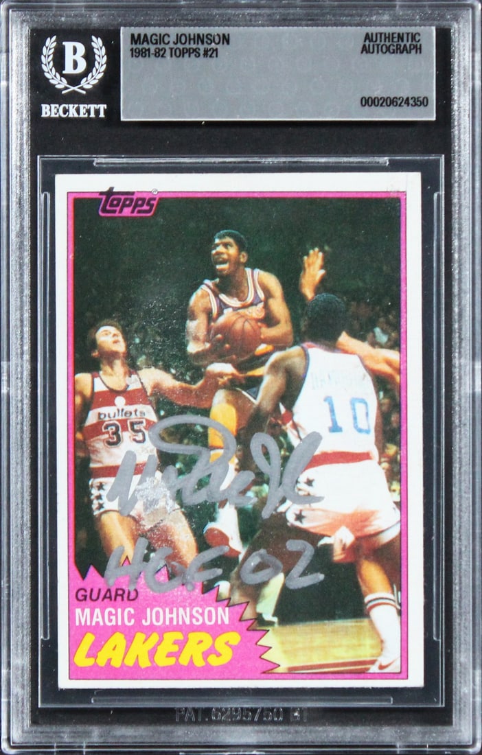 Beckett slabbed 1981 Topps 21 Magic Johnson Lakers autograph HOF 02: Beckett slabbed 1981 Topps 21 Magic Johnson Lakers autograph HOF 02 Authentic signed 1981 Topps #21 card featuring Magic Johnson with "HOF 02" inscription. The card is slabbed and authenticated by Bec