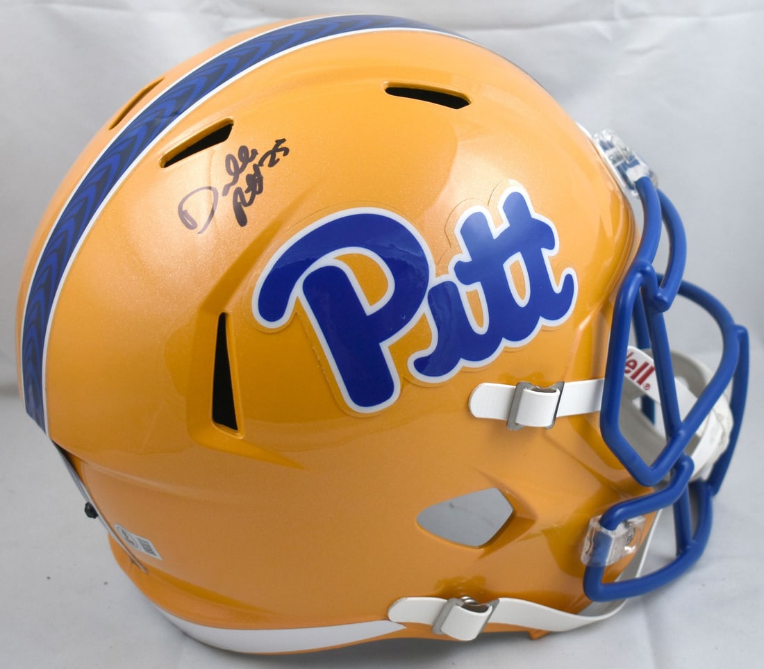 Pittsburgh Panthers Full Size Speed Helmet Signed by Darrelle Revis Beckett Authenticated: Pittsburgh Panthers Full Size Speed Helmet Signed by Darrelle Revis Beckett Authenticated This full-size Speed helmet features the autograph of Darrelle Revis, commemorating his time with the Pittsbur