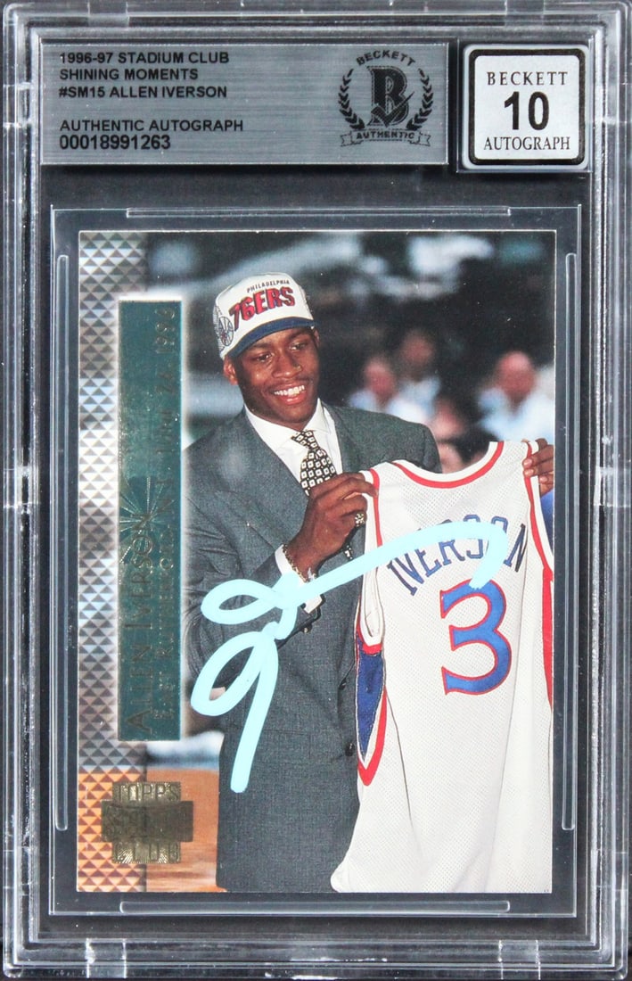 Allen Iverson Autographed 1996 Stadium Club Rookie Card Gem Mint 10 Beckett: Allen Iverson Autographed 1996 Stadium Club Rookie Card Gem Mint 10 Beckett Celebrate the legacy of basketball legend Allen Iverson with this autographed 1996 Stadium Club Shining Moments #SM15 Rookie