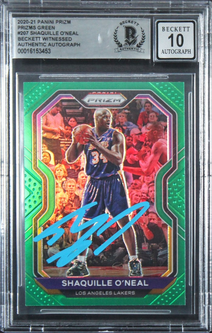 2020 Panini Prizm Green #207 Shaquille O'Neal Auto Card BAS 10: 2020 Panini Prizm Green #207 Shaquille O'Neal Auto Card BAS 10 Original 2020 Panini Prizm Prizms Green #207 card featuring Shaquille O'Neal of the Los Angeles Lakers. The card is hand signed by Shaqui