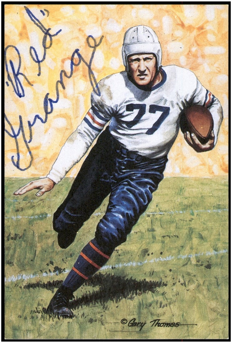 PSA authenticated Red Grange signed GLAC card Chicago Bears: PSA authenticated Red Grange signed GLAC card Chicago Bears Original Red Grange Goal Line Art Card (GLAC) featuring a certified autograph. This pre-owned football collectible is associated with the Ch