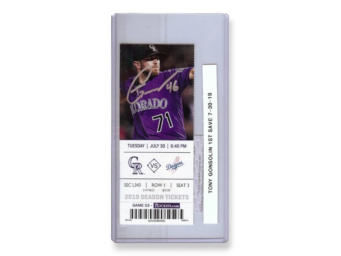 Tony Gonsolin Autographed Ticket Dodgers First Save PSA/DNA: Tony Gonsolin Autographed Ticket Dodgers First Save PSA/DNA Celebrate a memorable moment in baseball with this autographed ticket stub from Tony Gonsolin, commemorating his first career save on July 3