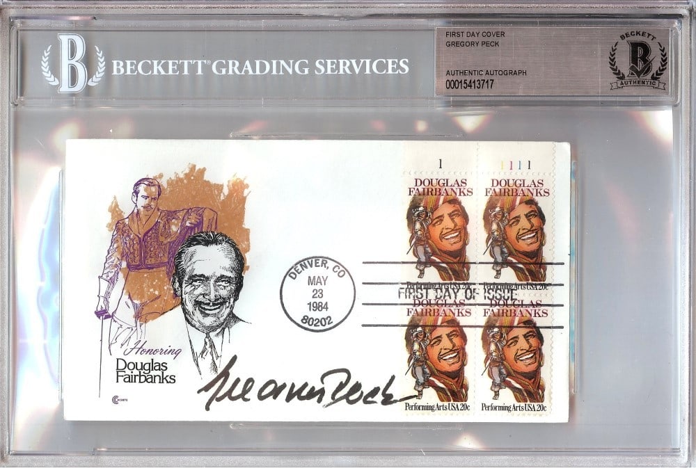 First Day Cover Signed by Gregory Peck with Beckett Authentication: First Day Cover Signed by Gregory Peck with Beckett Authentication This is an original First Day Cover card autographed by acclaimed actor Gregory Peck. The autograph has been authenticated and encaps