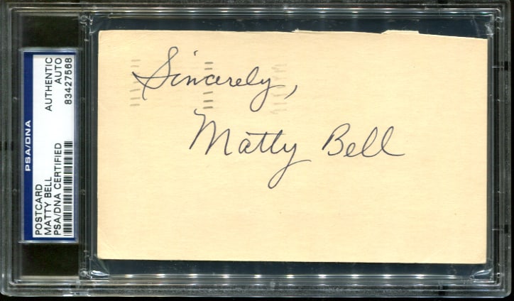 1940 Texas A&M Football Matty Bell Signed Postcard Authenticated by PSA/DNA: 1940 Texas A&M Football Matty Bell Signed Postcard Authenticated by PSA/DNA This is an original autographed postcard signed by Matty Bell from 1940, related to Texas A&M. The item has been authenticat