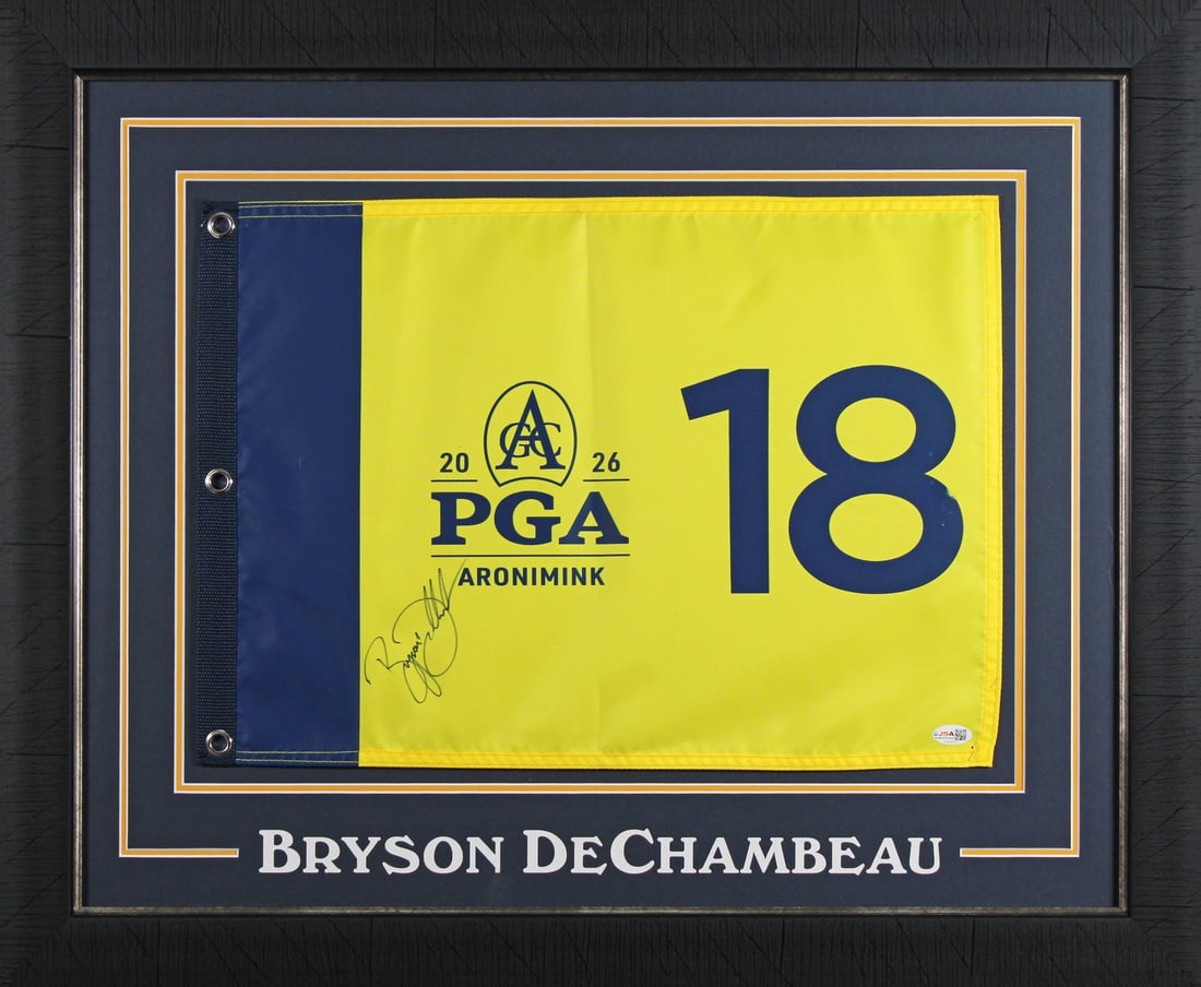 Framed 2026 PGA Championship Pin Flag Signed by Bryson DeChambeau JSA: Framed 2026 PGA Championship Pin Flag Signed by Bryson DeChambeau JSA Framed 2026 PGA Championship pin flag personally signed by Bryson DeChambeau. This original golf collectible is authenticated by J