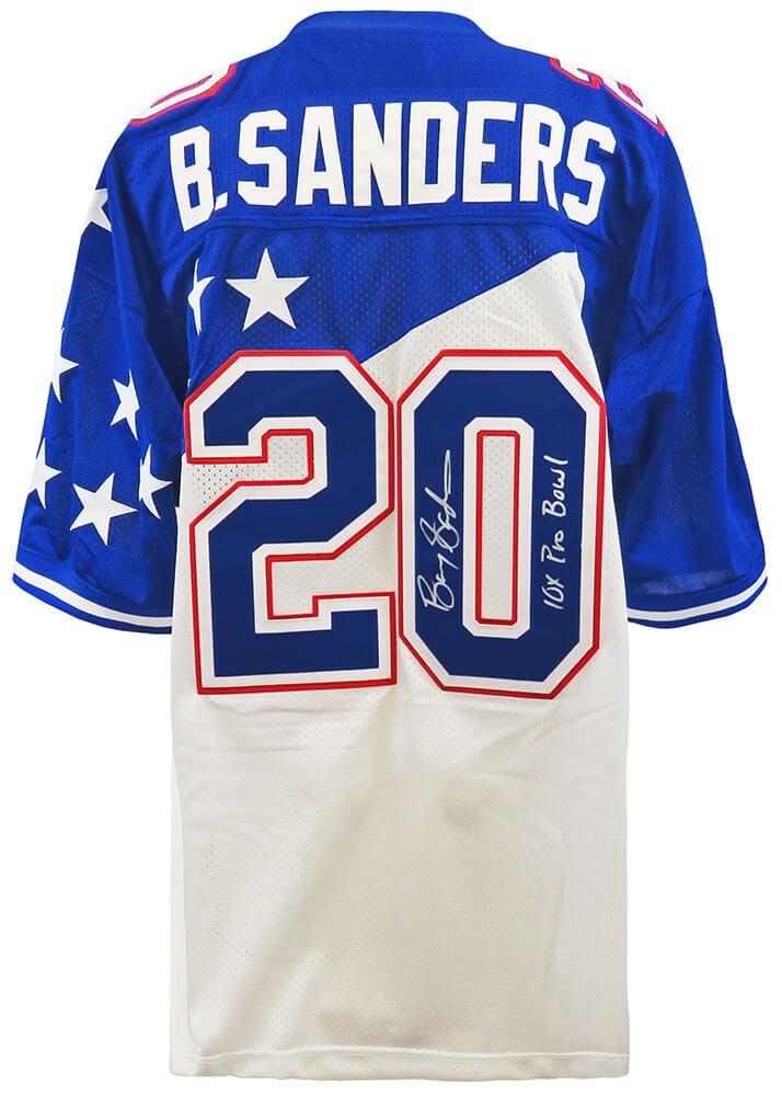 Barry Sanders Signed 1995 Pro Bowl Jersey Mitchell & Ness 10x Pro Bowl (SS COA): Barry Sanders Signed 1995 Pro Bowl Jersey Mitchell & Ness 10x Pro Bowl (SS COA) Celebrate the legendary career of Barry Sanders with this signed 1995 Pro Bowl Mitchell & Ness authentic football jersey