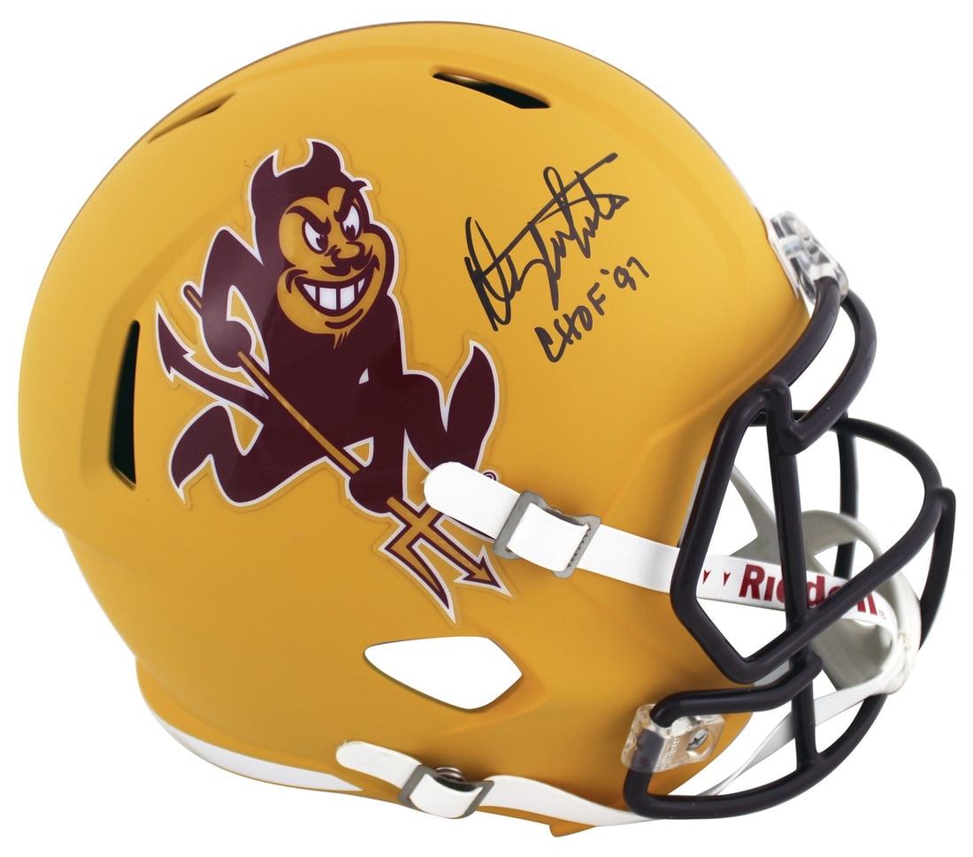 Danny White Signed ASU Sparky Speed Helmet CHOF '97 BAS Witnessed: Danny White Signed ASU Sparky Speed Helmet CHOF '97 BAS Witnessed This authentic Arizona State Sun Devils helmet features a vibrant yellow finish and is a full-size speed replica model. Personally sig