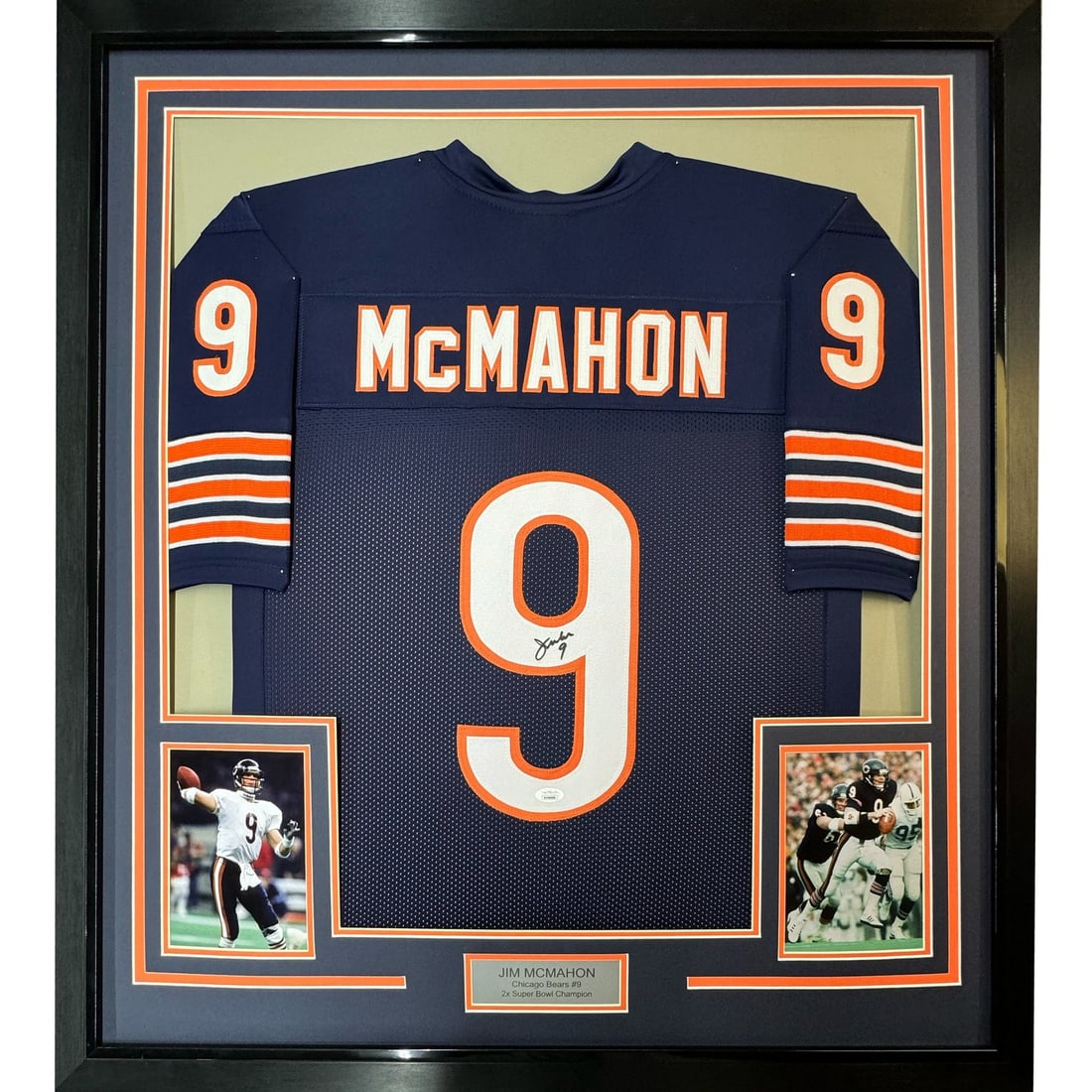 Jim McMahon signed framed Chicago Bears blue jersey PSA authenticated: Jim McMahon signed framed Chicago Bears blue jersey PSA authenticated Professionally framed and matted autographed Chicago blue football jersey signed by Jim McMahon. This pre-owned display includes t