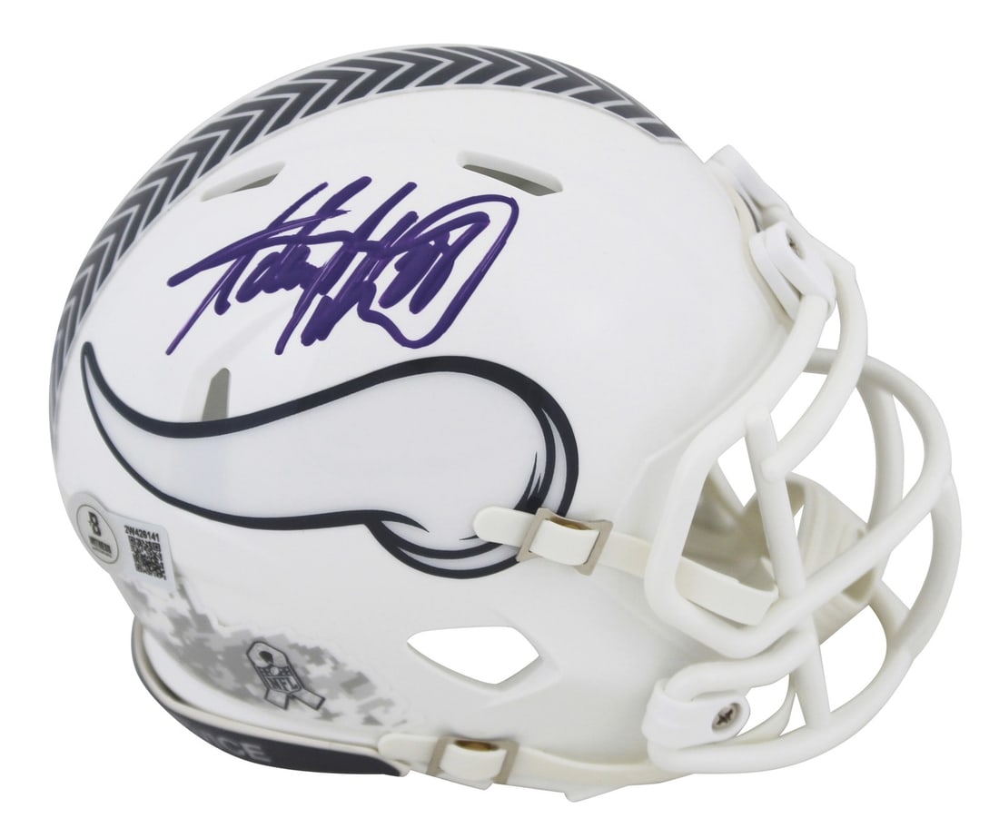 Adrian Peterson Signed Vikings Salute To Service Mini Helmet BAS Authenticated: Adrian Peterson Signed Vikings Salute To Service Mini Helmet BAS Authenticated This authentic Adrian Peterson Signed Salute To Service III Speed Mini Helmet is a must-have for any Minnesota Vikings