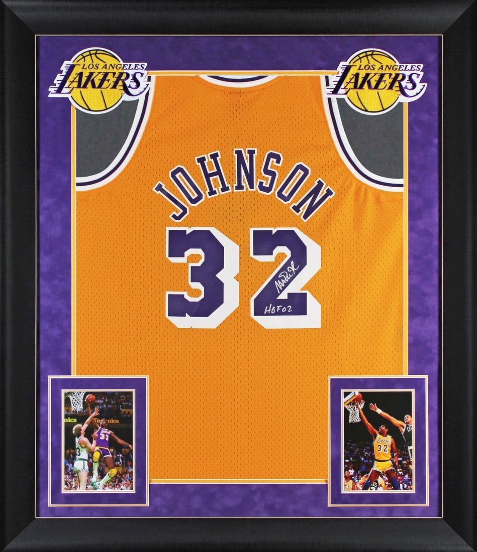 Magic Johnson Signed Yellow Lakers Framed Jersey HOF 02 BAS Authenticated: Magic Johnson Signed Yellow Lakers Framed Jersey HOF 02 BAS Authenticated Celebrate the legacy of Magic Johnson with this stunning autographed yellow Mitchell & Ness Hardwood Classics Swingman framed 