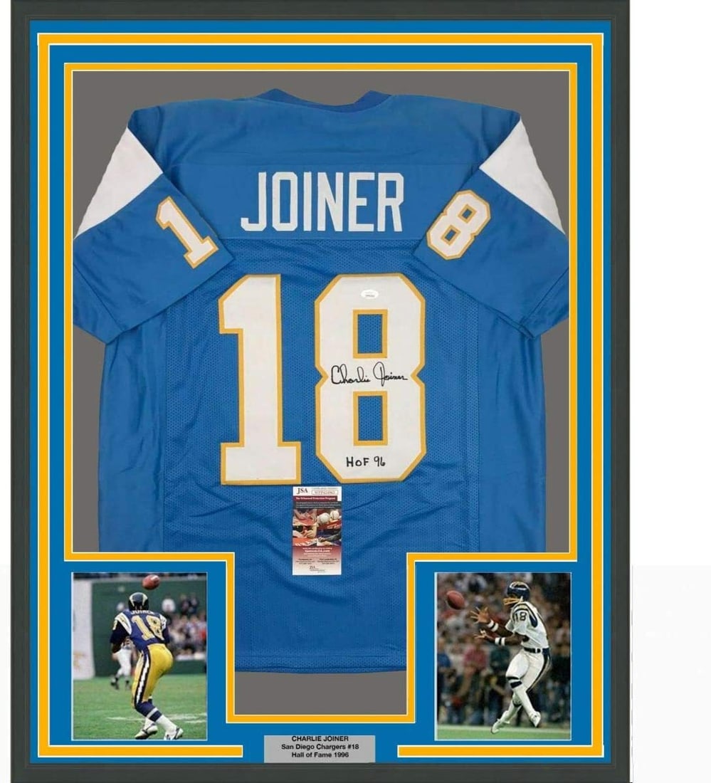Framed Charlie Joiner Signed San Diego Chargers Blue Jersey JSA 33x42 (1 of 2)