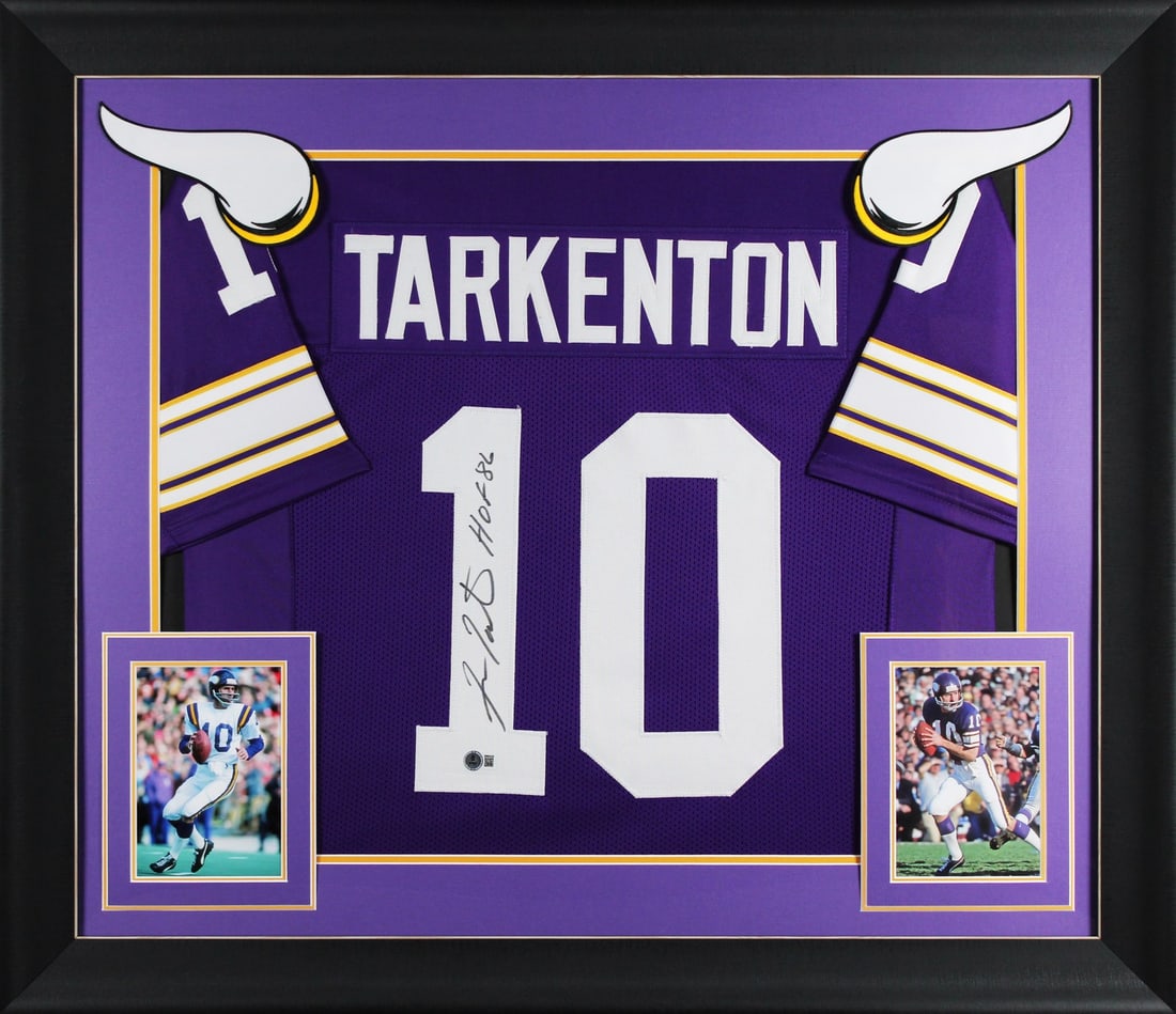 Fran Tarkenton Signed Purple Pro Style Jersey with HOF 86 Inscription BAS Authenticated: Fran Tarkenton Signed Purple Pro Style Jersey with HOF 86 Inscription BAS Authenticated Celebrate the legacy of Fran Tarkenton with this autographed Purple Pro Style Framed Jersey, inscribed "HOF 86."