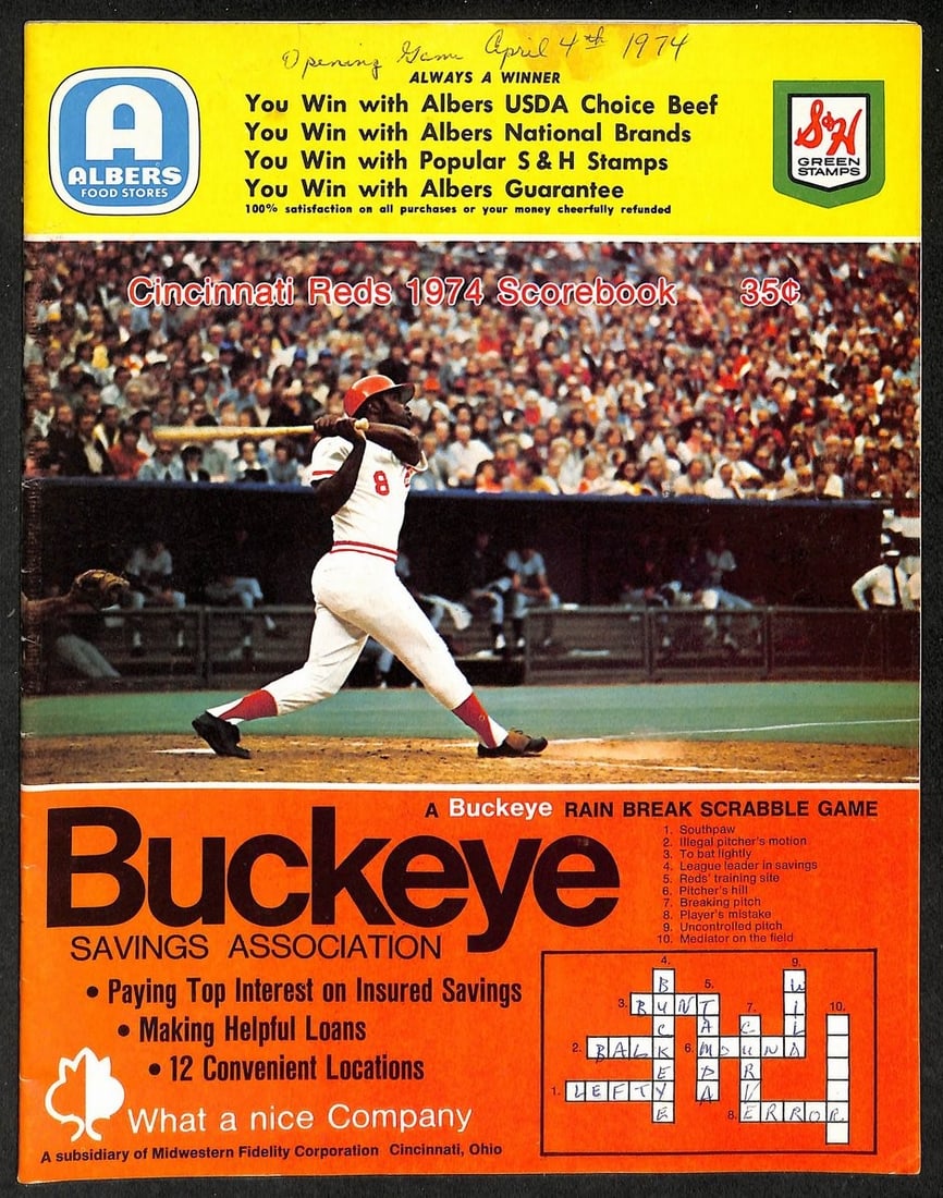Scored MLB Program 4 4 1974 Reds vs Braves Hank Aaron 714 HR (1 of 2)