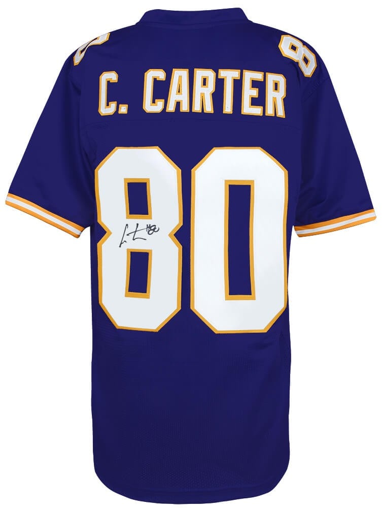 Minnesota Vikings Cris Carter Autographed Custom Throwback Jersey #80: Minnesota Vikings Cris Carter Autographed Custom Throwback Jersey #80 Pre-owned purple throwback custom football jersey signed by Cris Carter with #80. This original autographed jersey represents the 