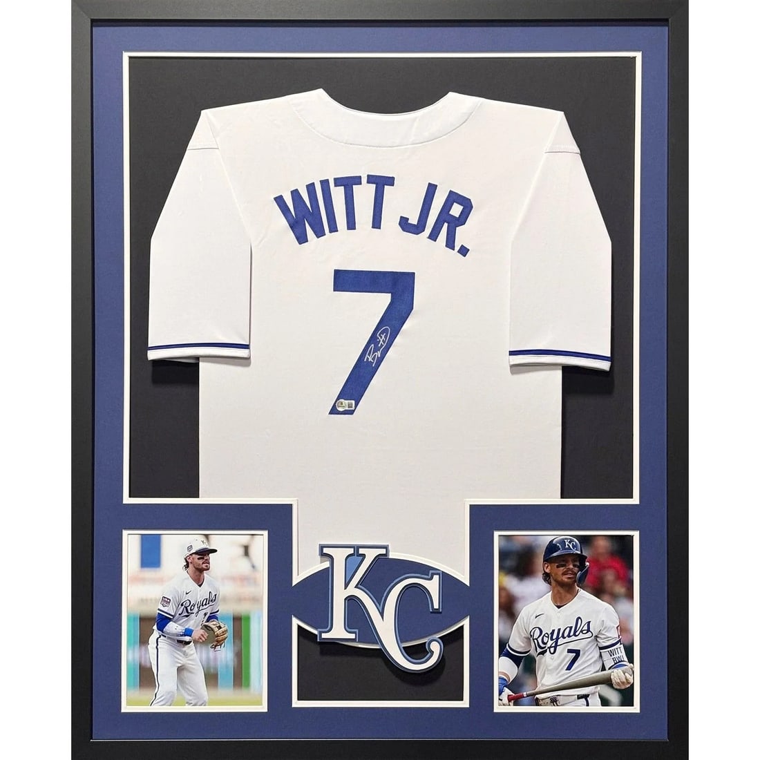 Framed KC Royals Bobby Witt Jr Signed Jersey Beckett Authenticated: Framed KC Royals Bobby Witt Jr Signed Jersey Beckett Authenticated Framed autographed blue Bobby Witt Jr. jersey with KC Royals styling. This pre-owned display piece is authenticated by Beckett and in