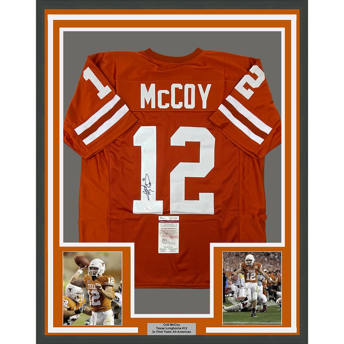 Colt McCoy Signed Framed Texas Longhorns Orange Jersey 35x39 JSA COA (1 of 2)