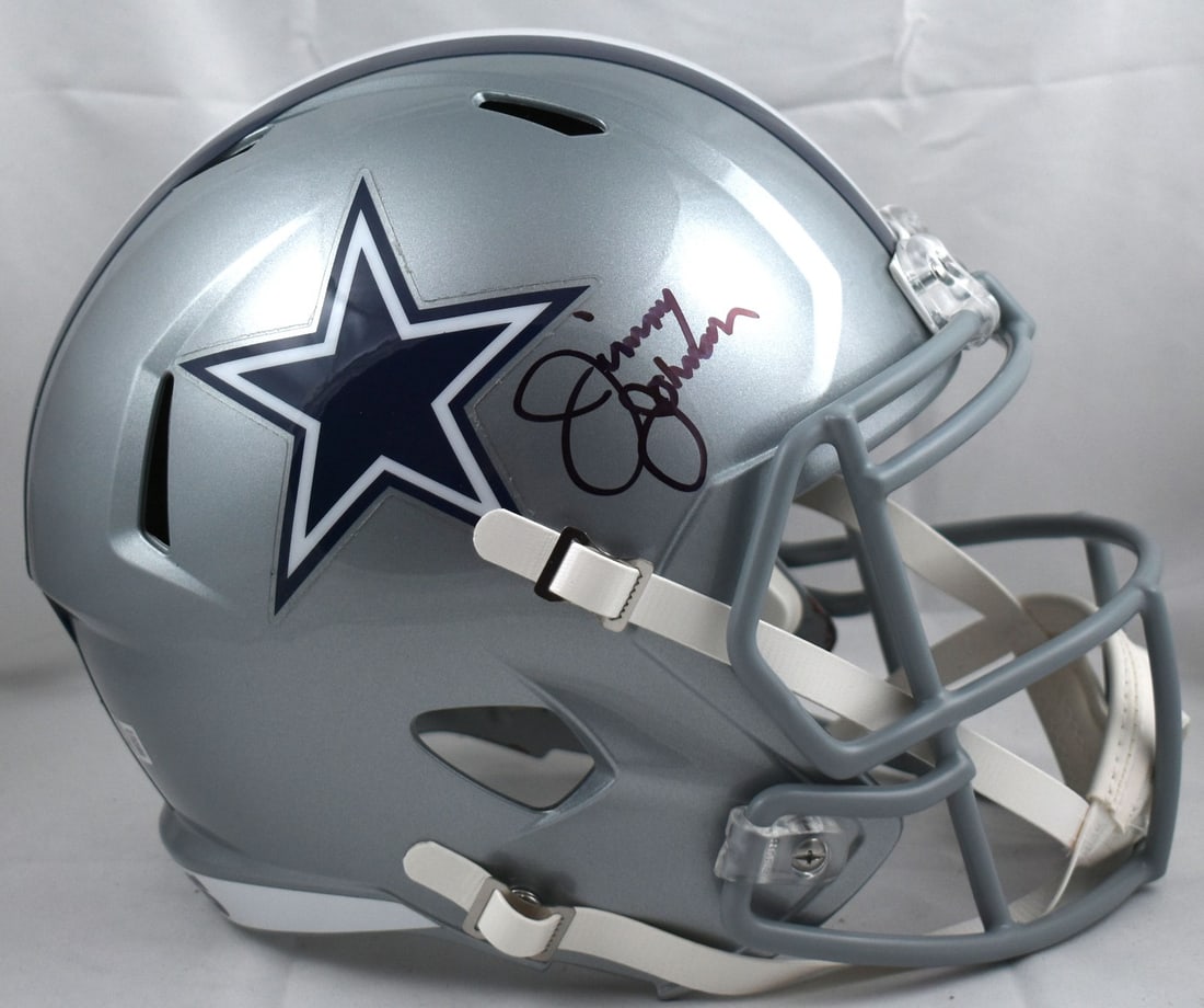 Dallas Cowboys Full Size Speed Helmet Autographed by Jimmy Johnson Beckett Hologram: Dallas Cowboys Full Size Speed Helmet Autographed by Jimmy Johnson Beckett Hologram This full-size Dallas Cowboys Speed helmet has been signed by Jimmy Johnson. The signature is authenticated with a B