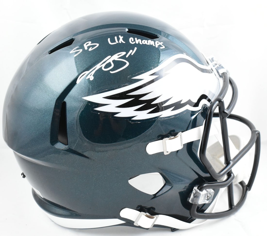 Philadelphia Eagles Full Size Speed Helmet Signed by A.J. Brown Beckett Authenticated: Philadelphia Eagles Full Size Speed Helmet Signed by A.J. Brown Beckett Authenticated This full-size Speed helmet features the autograph of A.J. Brown and commemorates the Philadelphia Eagles' Super B