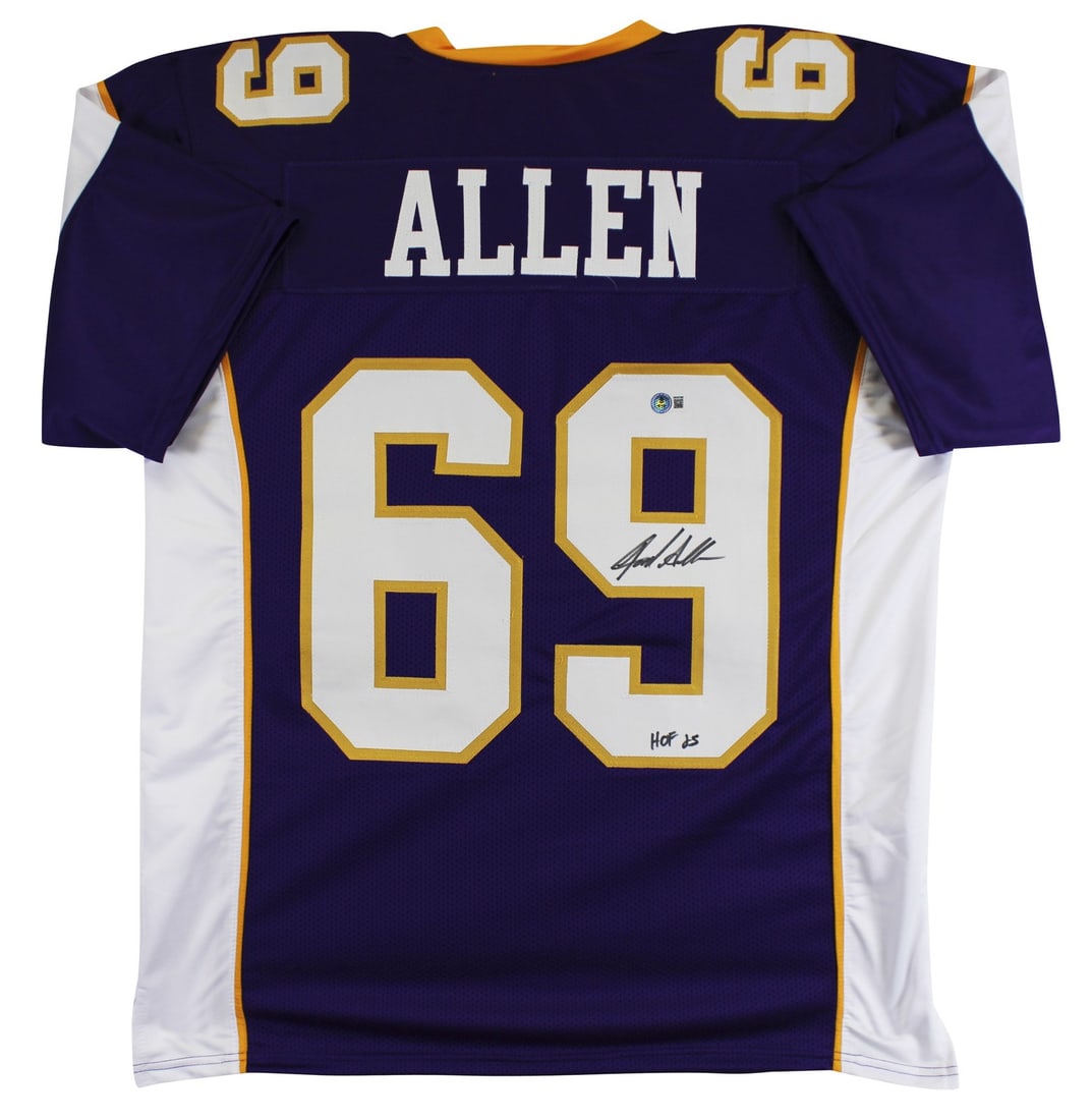 Jared Allen Autographed Purple Jersey With HOF 25 Inscription Beckett Witnessed: Jared Allen Autographed Purple Jersey With HOF 25 Inscription Beckett Witnessed This purple pro style jersey features a personal signature from Jared Allen, including the inscription "HOF 25." The jer