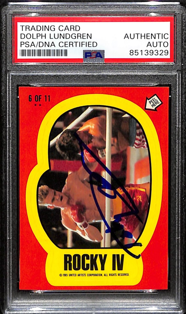 Dolph Lundgren Signed 1985 TOPPS Rocky IV Card PSA/DNA 183782: Dolph Lundgren Signed 1985 TOPPS Rocky IV Card PSA/DNA 183782 This is an original Dolph Lundgren signed 1985 TOPPS Rocky IV Drago trading card, numbered #6 of 11. The card features Lundgren's signatur