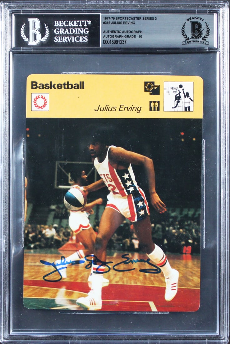 Sportscaster Series 3 Julius Erving Rookie Card Signed BAS Gem Mint 10: Sportscaster Series 3 Julius Erving Rookie Card Signed BAS Gem Mint 10 This 1977 Sportscaster Series 3 #315 rookie card features Julius Erving of the Philadelphia 76ers and has been personally signed 