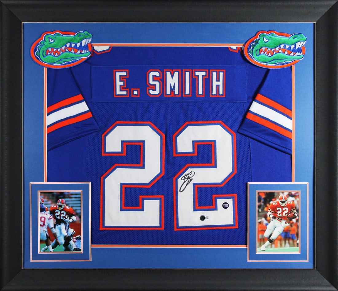 Emmitt Smith Signed Florida Gators Blue Framed Jersey BAS Authenticated: Emmitt Smith Signed Florida Gators Blue Framed Jersey BAS Authenticated Celebrate the legacy of Emmitt Smith with this authentic signed blue pro style framed jersey from the Florida Gators. Personally