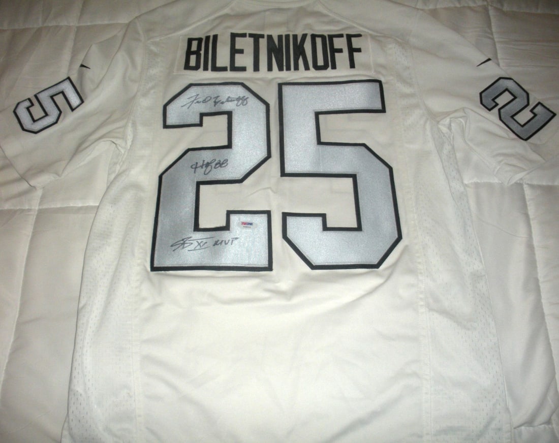 Nike Oakland Raiders Jersey Signed by Fred Biletnikoff with PSA DNA COA: Nike Oakland Raiders Jersey Signed by Fred Biletnikoff with PSA DNA COA This is an officially licensed Nike Oakland Raiders jersey signed by Fred Biletnikoff. The autograph comes with PSA/DNA certific