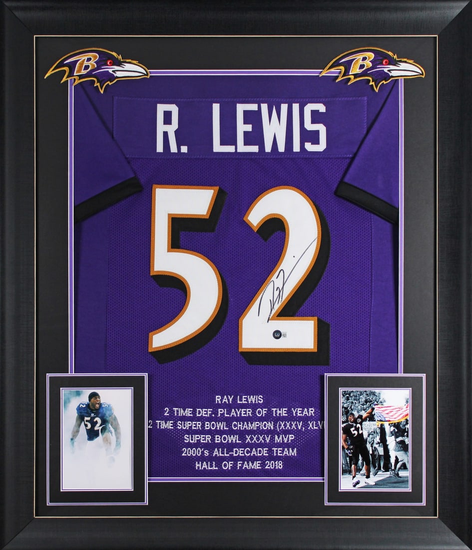 Framed Ray Lewis Signed Ravens Purple Stat Jersey Beckett Witnessed: Framed Ray Lewis Signed Ravens Purple Stat Jersey Beckett Witnessed Authentic framed purple pro style stat jersey personally signed by Ray Lewis. This original autograph is BAS Witnessed and includes 