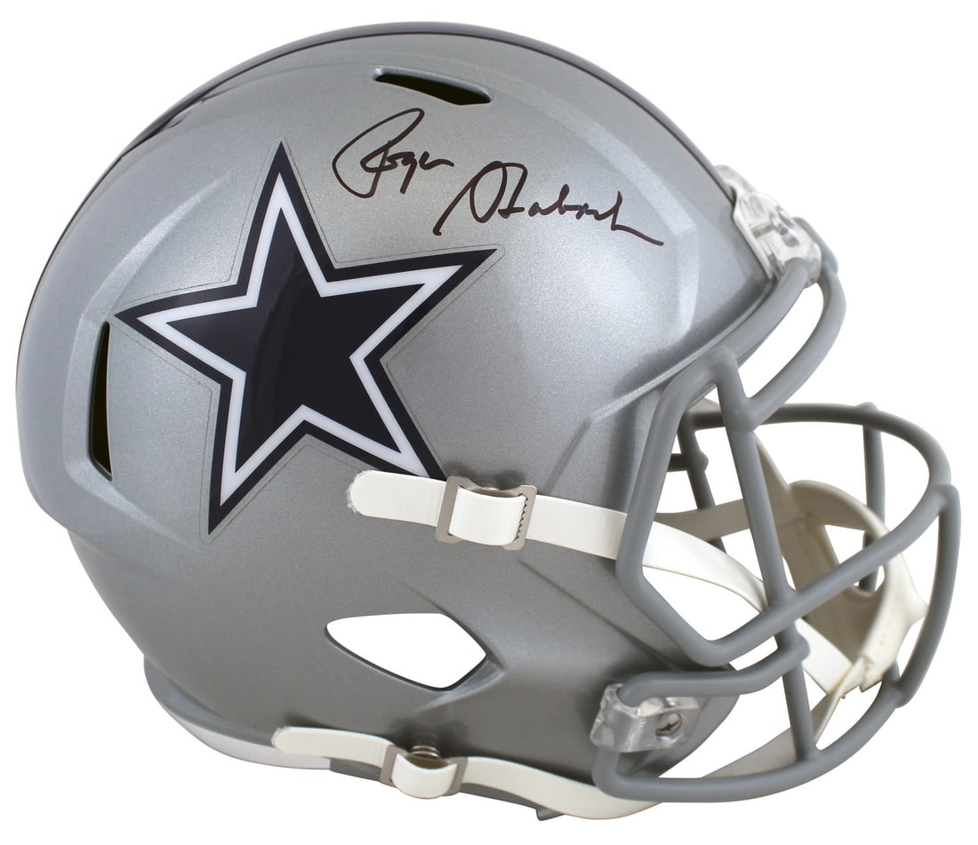 Roger Staubach Signed Silver Full Size Speed Helmet BAS Authenticated Dallas Cowboys: Roger Staubach Signed Silver Full Size Speed Helmet BAS Authenticated Dallas Cowboys This authentic Dallas Cowboys Silver Full Size Speed Replica Helmet has been personally signed by legendary player 