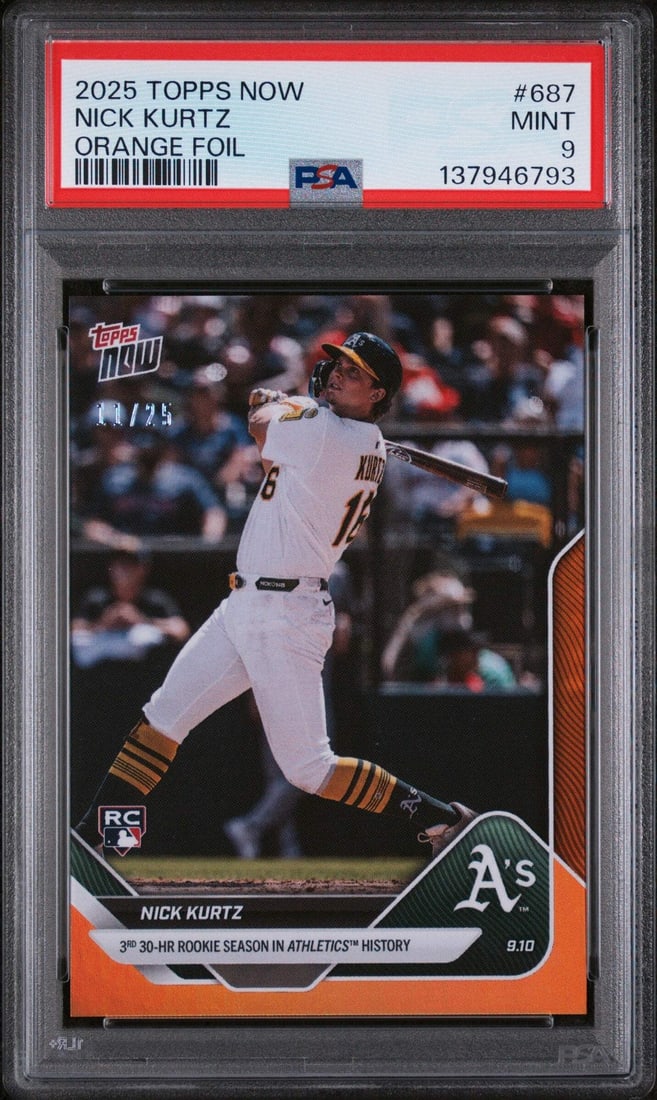 Nick Kurtz 2025 Topps Now Orange Foil Rookie Card PSA 9 Serial Numbered: Nick Kurtz 2025 Topps Now Orange Foil Rookie Card PSA 9 Serial Numbered This is a 2025 Topps Now Nick Kurtz #687 Orange Foil Rookie Card, serial numbered out of 25. The card has been professionally gr