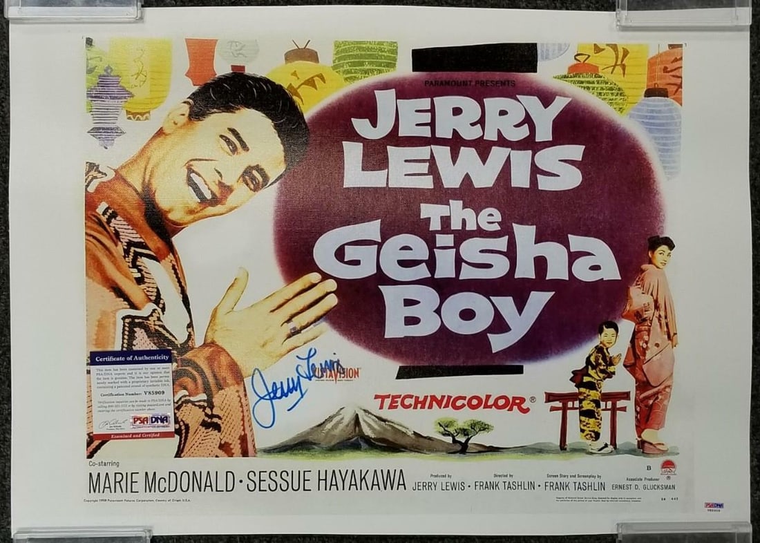 16x20 Canvas Photograph Signed by Jerry Lewis The Geisha Boy PSA/DNA Authenticated: 16x20 Canvas Photograph Signed by Jerry Lewis The Geisha Boy PSA/DNA Authenticated This original 16x20 canvas photograph from The Geisha Boy features the authentic autograph of Jerry Lewis. The signat