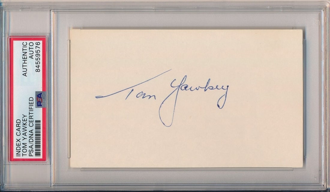 PSA DNA Certified Tony Yawkey Autographed 3x5 Red Sox Index Card: PSA DNA Certified Tony Yawkey Autographed 3x5 Red Sox Index Card Original signed 3x5 index card featuring Tom Yawkey of the Boston Red Sox. The autograph is authenticated by PSA/DNA and the card is en