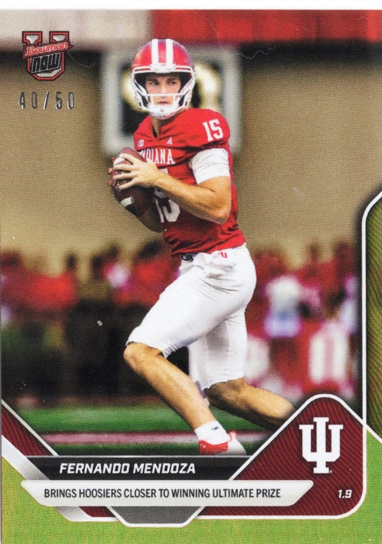 Fernando Mendoza 2025 Gold Foil Bowman U Now #66 Rookie Card Indiana Hoosiers /50: Fernando Mendoza 2025 Gold Foil Bowman U Now #66 Rookie Card Indiana Hoosiers /50 This is a 2025 Topps Bowman U Now Fernando Mendoza #66 Gold Foil rookie card, featuring the Indiana Hoosiers athlete. 