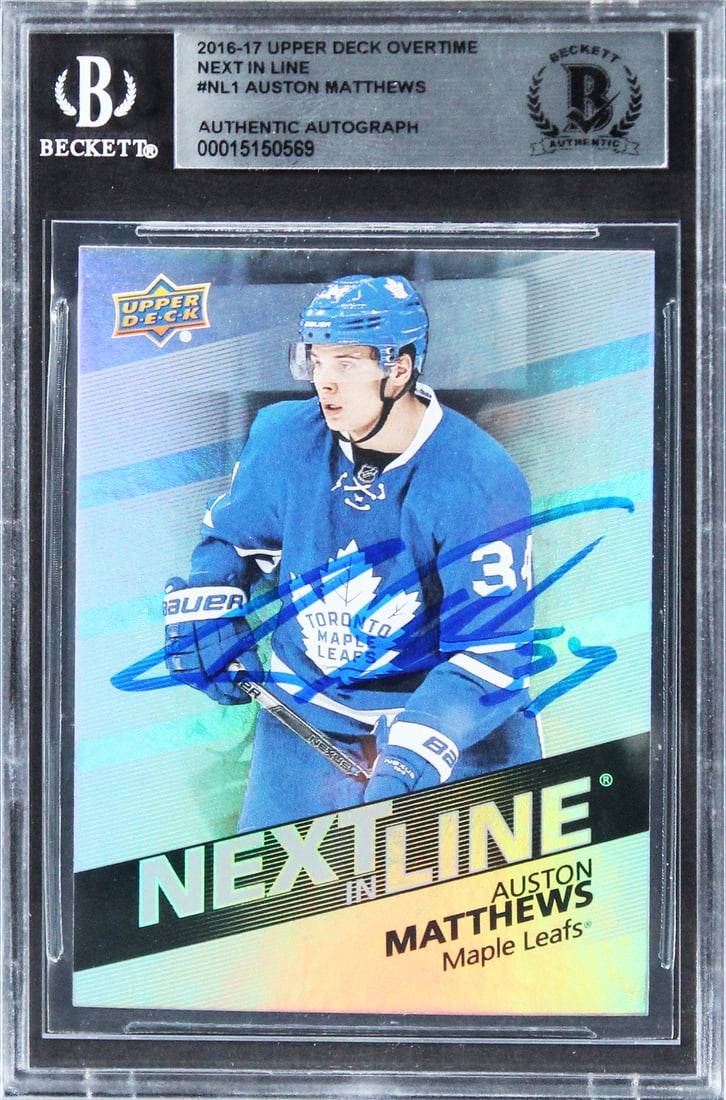 Auston Matthews Signed 2016 UD Overtime #NL1 Rookie Card Beckett Authenticated: Auston Matthews Signed 2016 UD Overtime #NL1 Rookie Card Beckett Authenticated This autographed 2016 Upper Deck Overtime Next In Line #NL1 rookie card features Auston Matthews of the Toronto Maple Lea