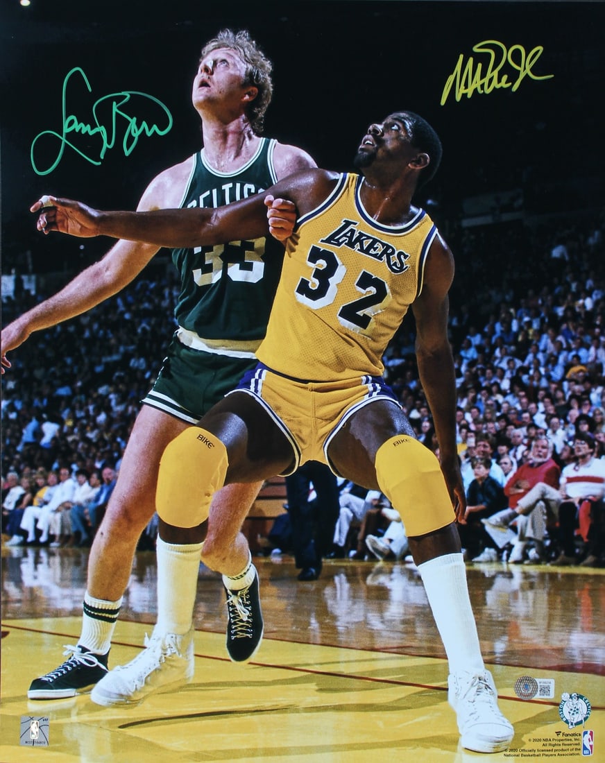 Magic Johnson Larry Bird Signed 16x20 Photo BAS Witnessed Authentic: Magic Johnson Larry Bird Signed 16x20 Photo BAS Witnessed Authentic This stunning 16x20 vertical photo captures a moment of Magic Johnson and Larry Bird, both of whom have personally signed this authe