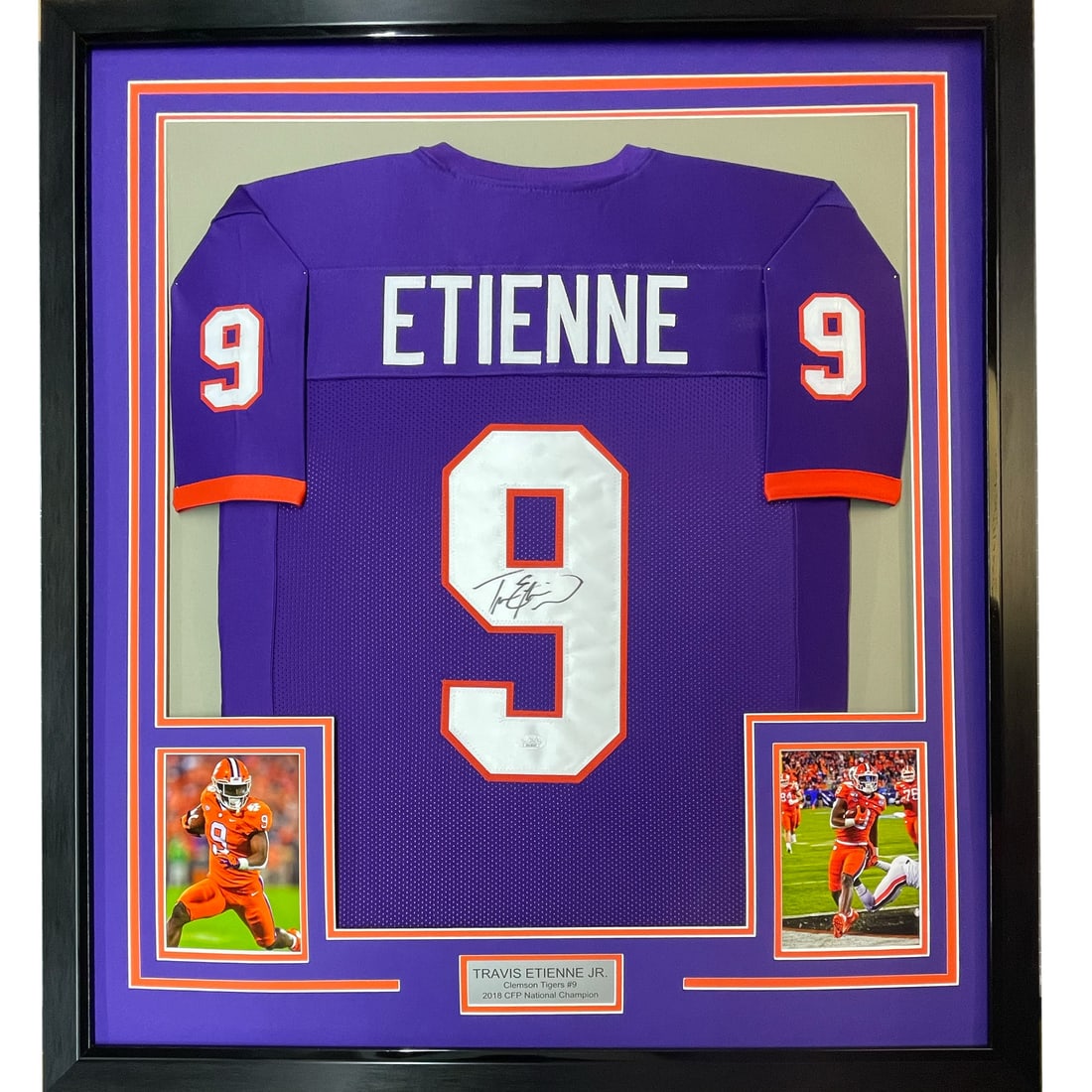 Framed Autographed Travis Etienne Jr Clemson Jersey 33x42 JSA COA: Framed Autographed Travis Etienne Jr Clemson Jersey 33x42 JSA COA Celebrate the legacy of Travis Etienne with this professionally framed autographed jersey from his time with the Clemson Tigers. This 