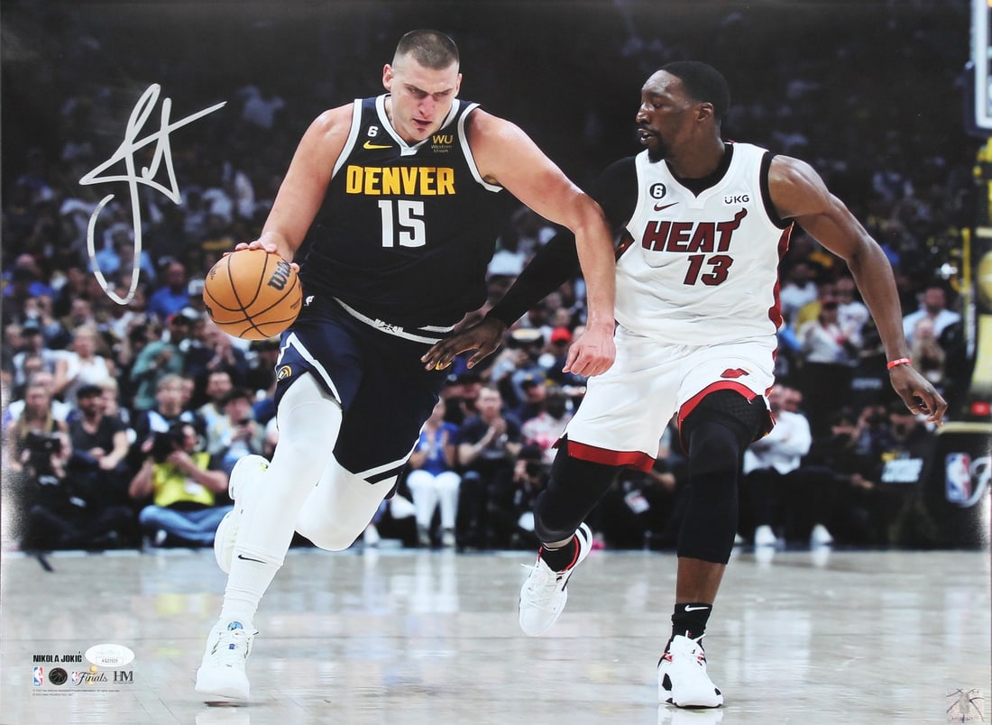 Nikola Jokic Signed 16x20 Photo vs Heat Denver Nuggets JSA Certified: Nikola Jokic Signed 16x20 Photo vs Heat Denver Nuggets JSA Certified This stunning 16x20 horizontal photo captures Nikola Jokic in action against the Heat, showcasing his exceptional skills on the cou