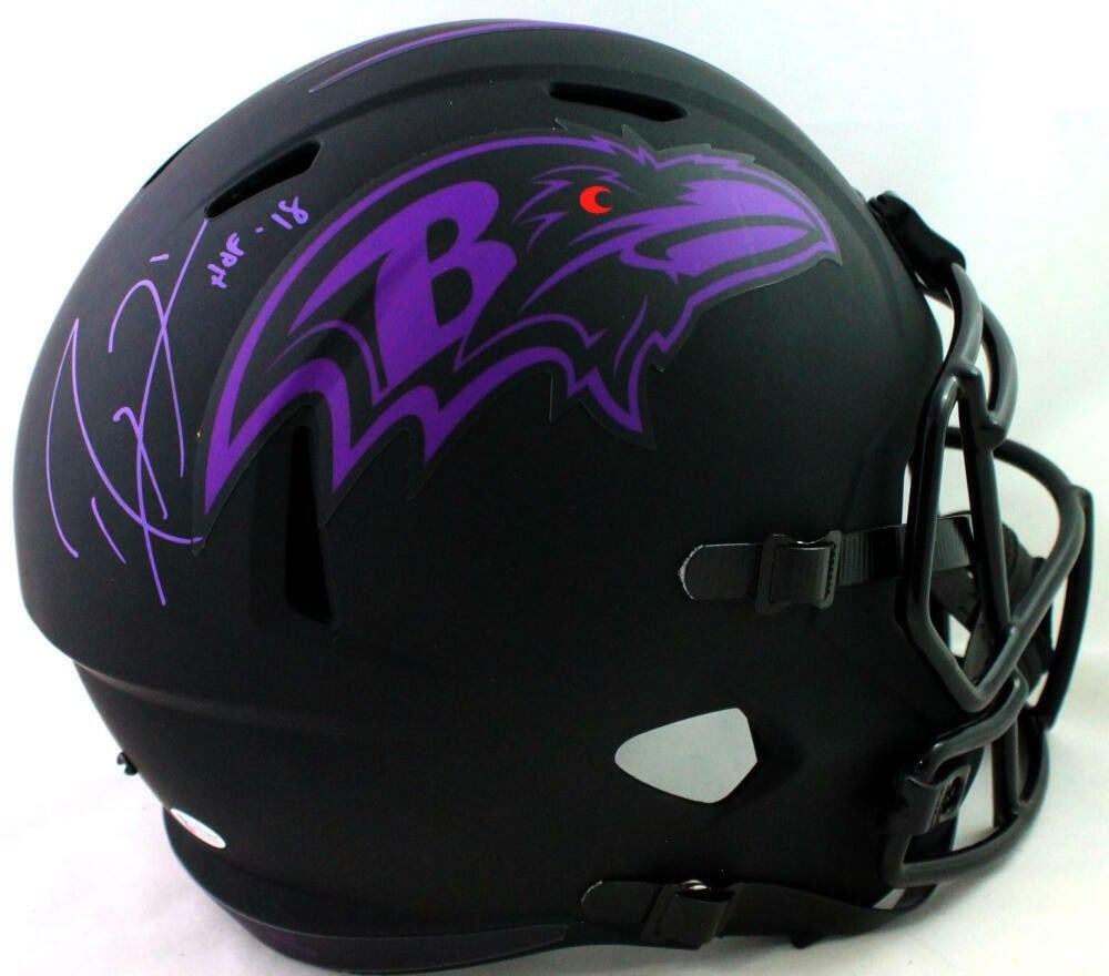 Baltimore Ravens Eclipse Full Size Helmet Signed by Ray Lewis HOF Beckett Witness: Baltimore Ravens Eclipse Full Size Helmet Signed by Ray Lewis HOF Beckett Witness This Baltimore Ravens full-size Eclipse helmet features an autograph from Ray Lewis. It is an original, pre-owned foot