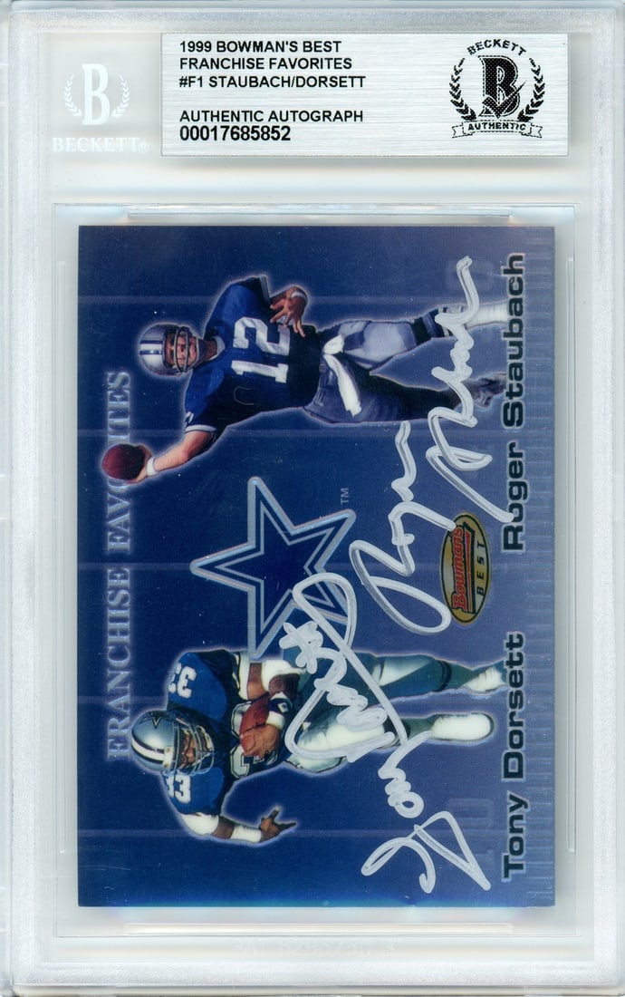 Dual signed 1999 Bowman's Best F1 Cowboys card Staubach Dorsett: Dual signed 1999 Bowman's Best F1 Cowboys card Staubach Dorsett This is a 1999 Bowman's Best Franchise Favorites #F1 sports trading card featuring Roger Staubach and Tony Dorsett of the Dallas Cowboys