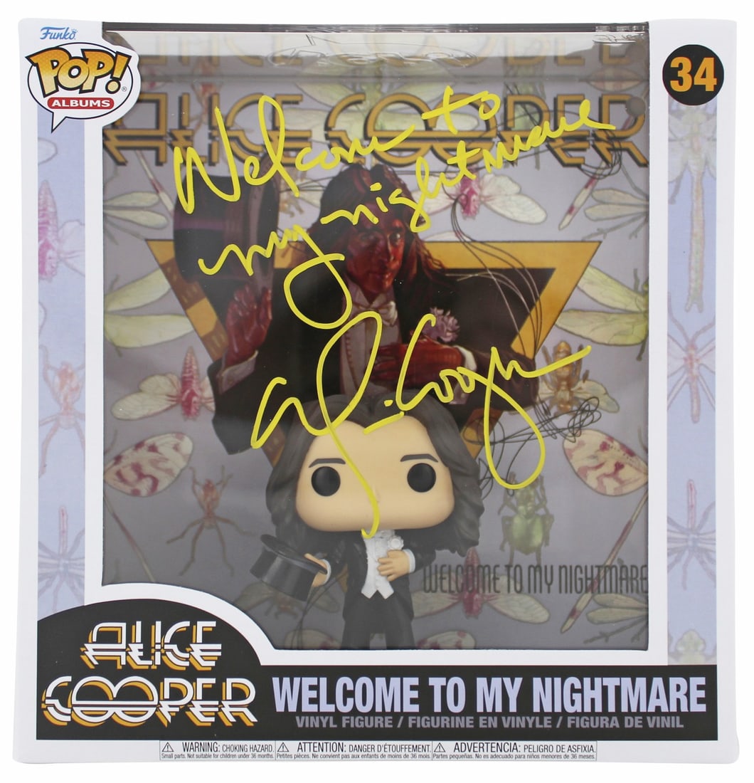Alice Cooper Signed Funko Pop Vinyl Figure #34 BAS Witnessed Authentication: Alice Cooper Signed Funko Pop Vinyl Figure #34 BAS Witnessed Authentication This is a signed Funko Pop Vinyl Figure of Alice Cooper, specifically the #34 model featuring a vibrant yellow signature. Th
