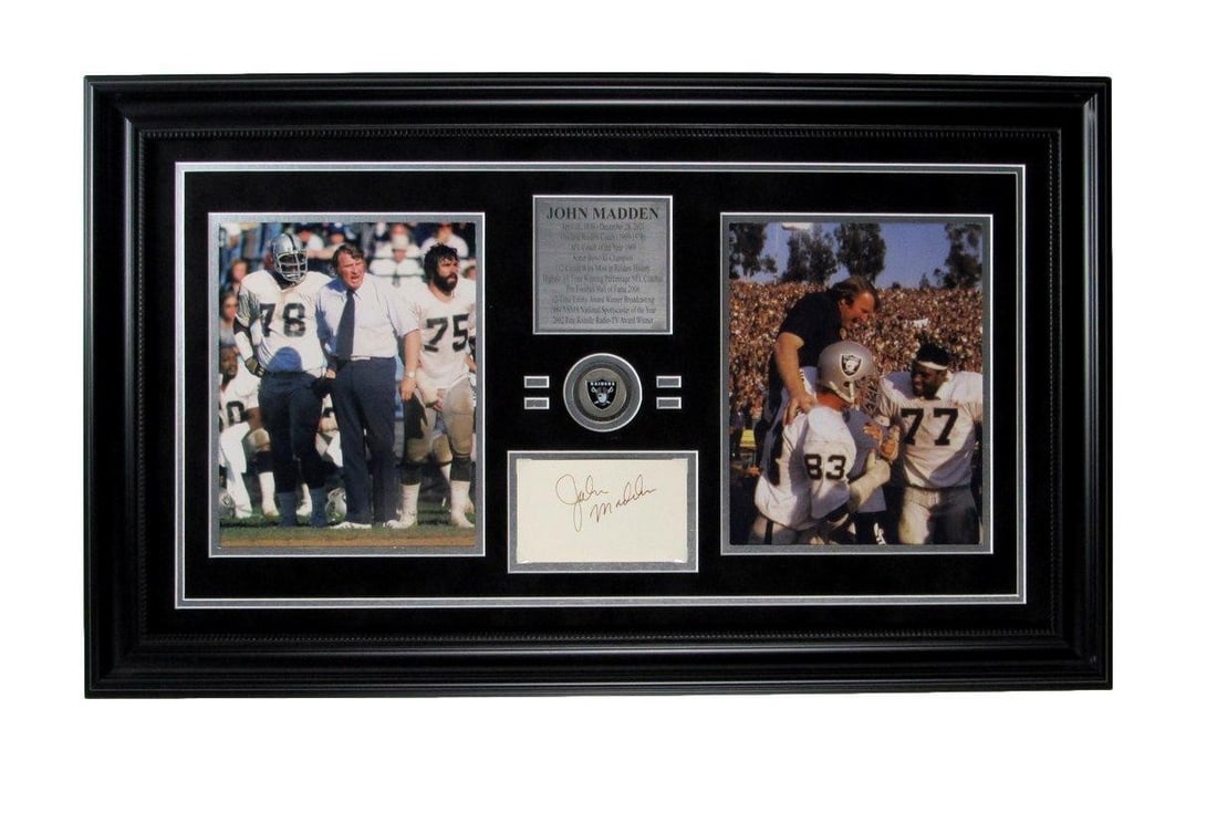 Framed John Madden Raiders Photo Collage With Signed 3x5 Index Card: Framed John Madden Raiders Photo Collage With Signed 3x5 Index Card This framed display features an original John Madden Hall of Fame Oakland Raiders 8x10 photo along with a signed 3x5 index card. The